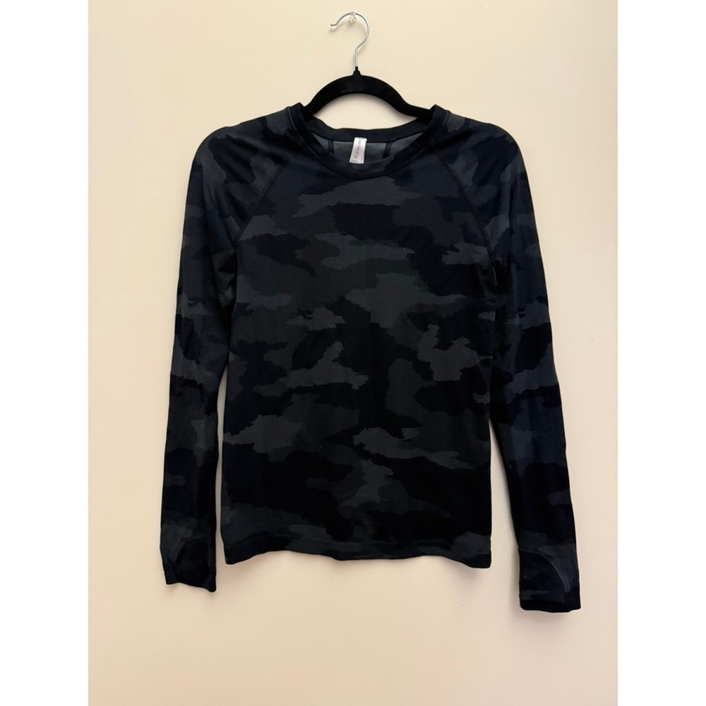Athleta Momentum Camo Top Womens Small Black Gray Seamless Long Sleeve